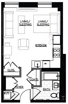 a floor plan of a small house with a kitchen and a living room